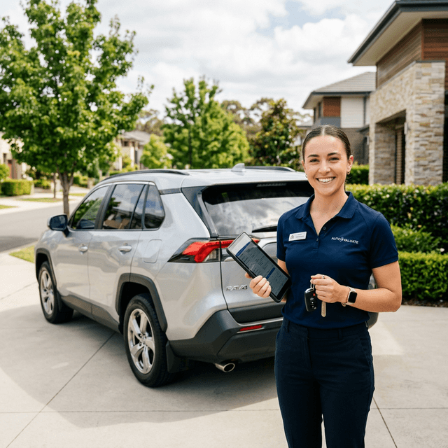 Friendly car appraiser making direct eye contact, holding tablet and keys